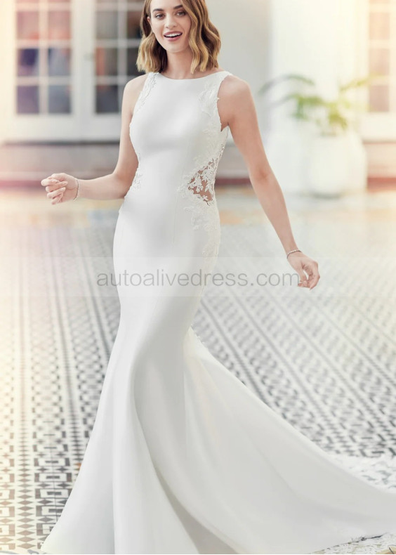 Ivory Lace Satin Open Back Graceful Wedding Dress